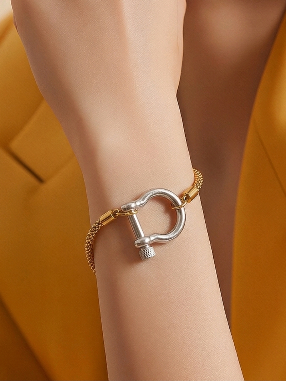 Mixed Metal Carabiner Bracelet Gold Box Chain Horseshoe Shackle Minimalist Chic
